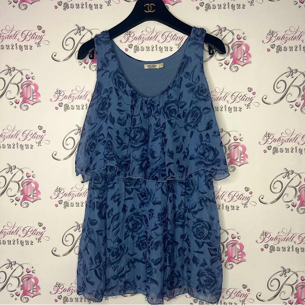 Angela silk tank top made in Italy blue roses tiered ruffle frill stunning shirt